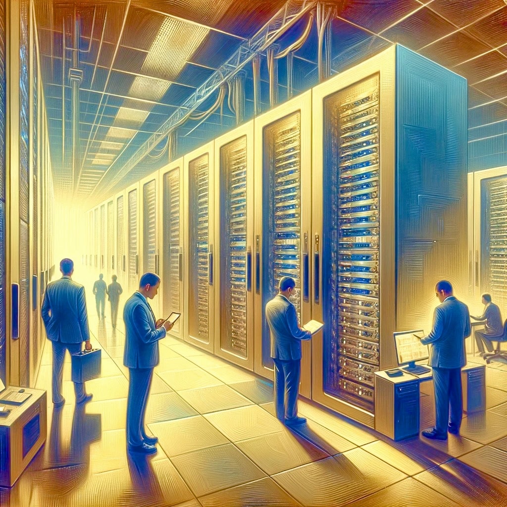 Government officers measuring energy consumption of computer servers, various instruments