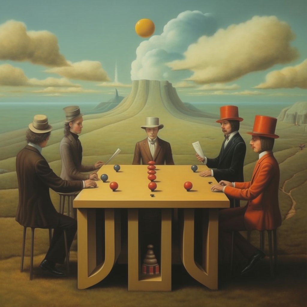 people changing rules in a game, surreal, cinematic, oil painting