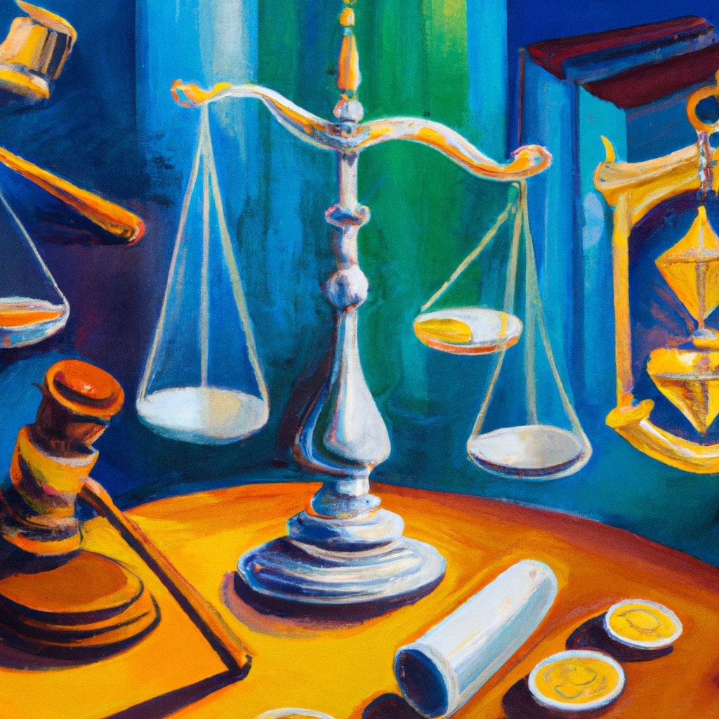 Governance Tokens Legal Liability A combination of governance tokens and legal symbols like a gavel scales of justice or a courtroom oil painting