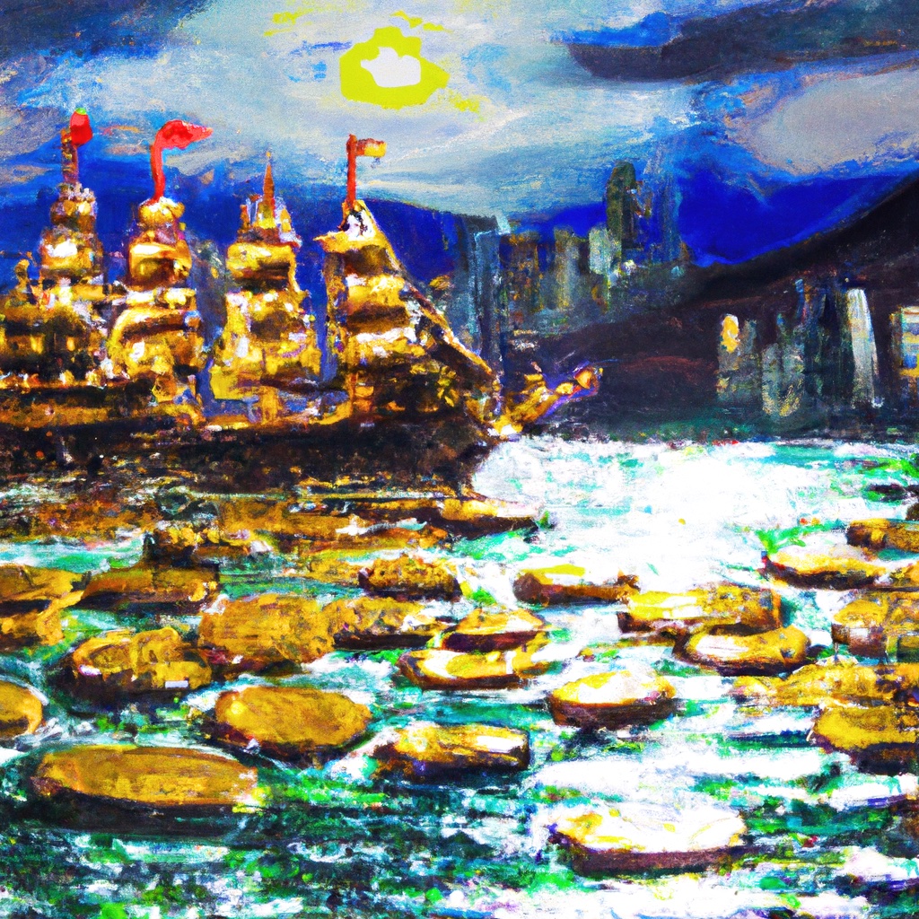 Ship full of gold coins entering Hong Kong Harbour