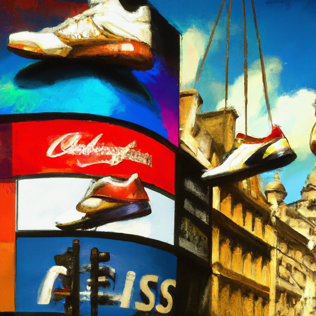 basketball sneakers on ad screens at piccadilly circus london, surrounding buildings, oil painting copy