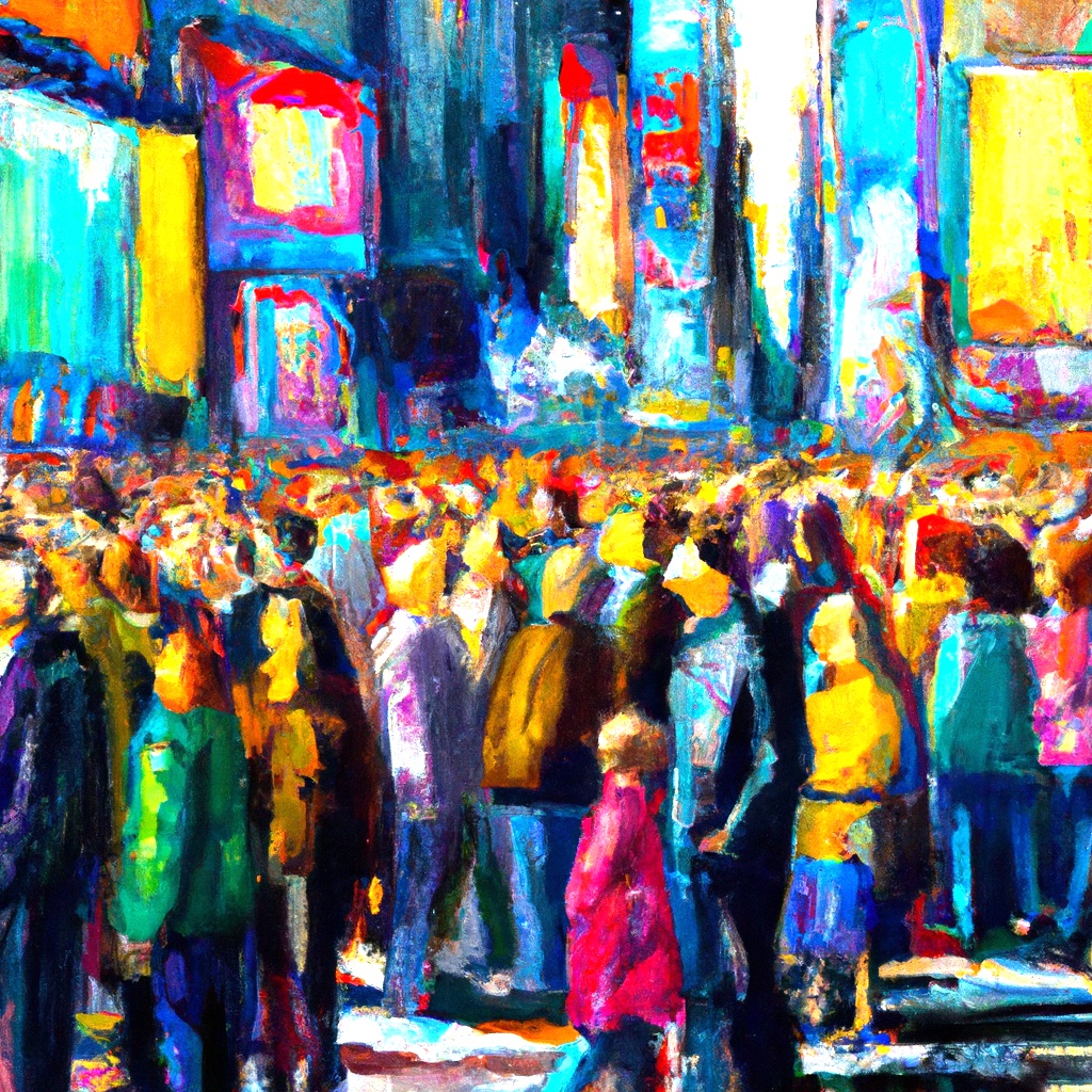 crowd of people of all ages in times square looking not confident and staring, oil painting