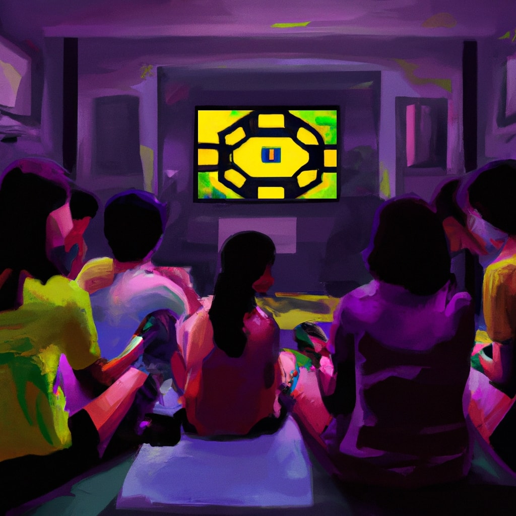 people blockchains playing video games, oil painting