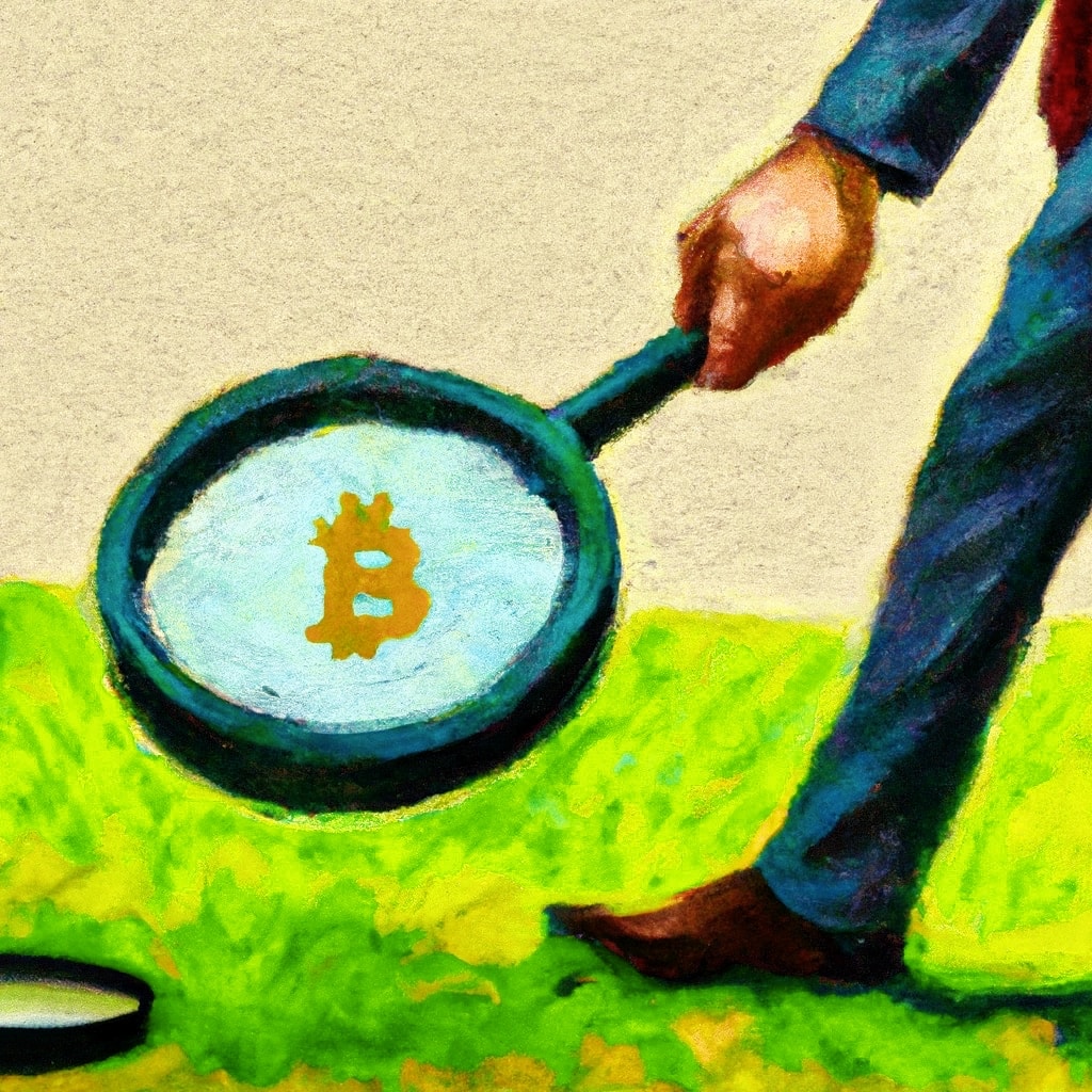 person tracing bitcoin steps along a path with a magnifying glass, oil painting 2