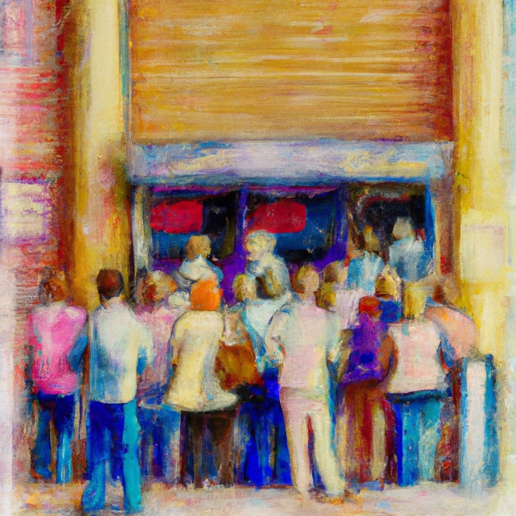 ticket booth with queue of people waiting, oil painting, high detail 2