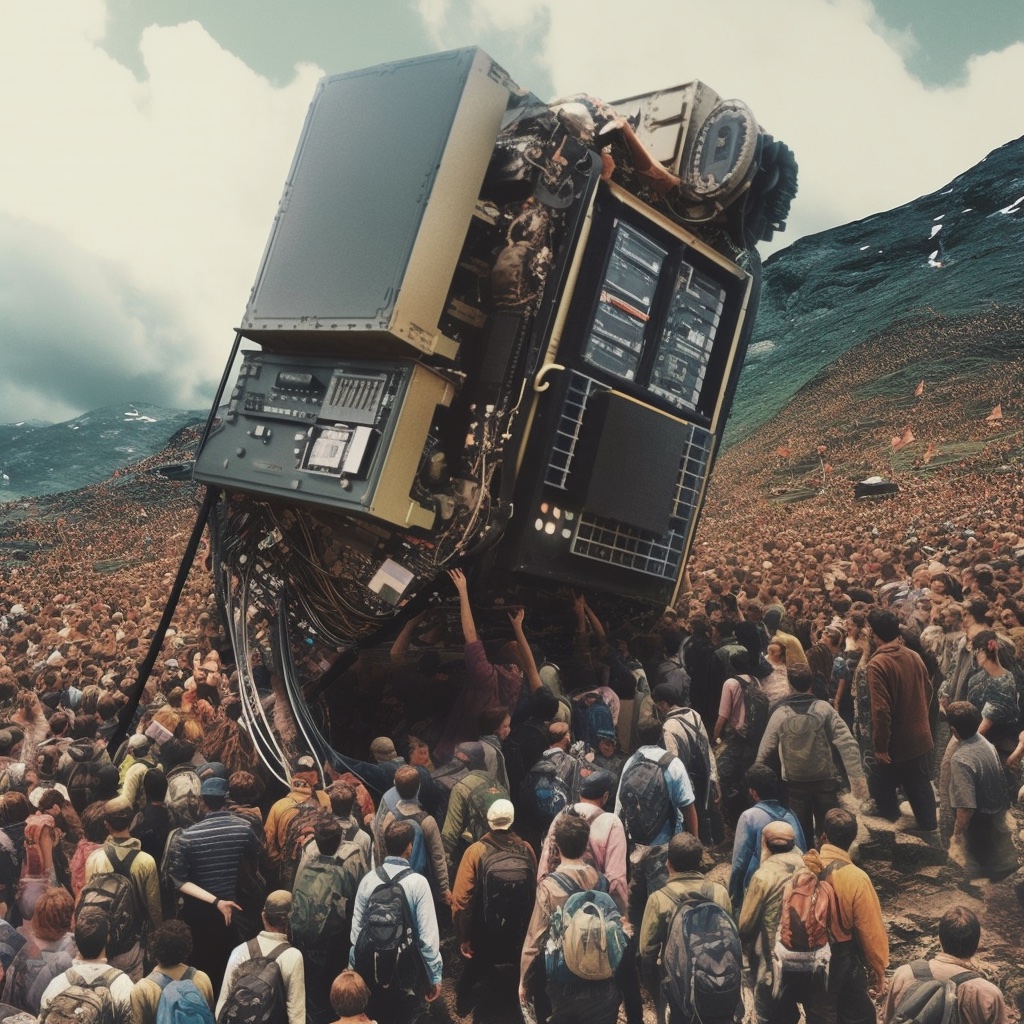 Crowds of people carrying big oversized electronics components up a mountain