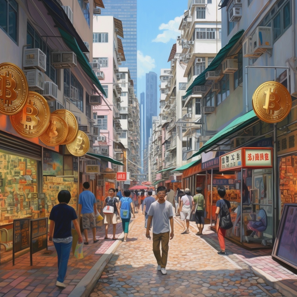 Cryptocurrency buildings along the street line of Hong Kong