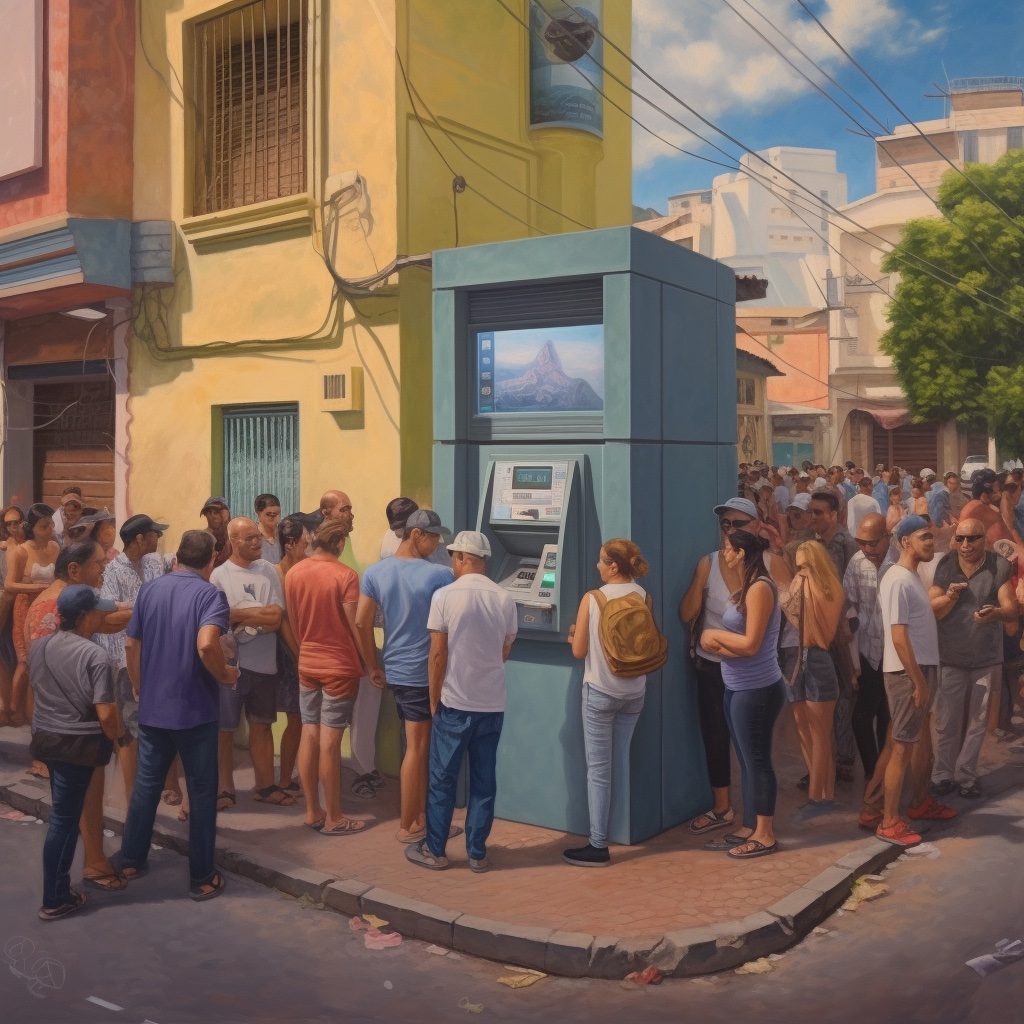 Realistic oil painting showing a Bitcoin ATM in the busy city centre of San Salvador of El Salvado, lots of people queuing