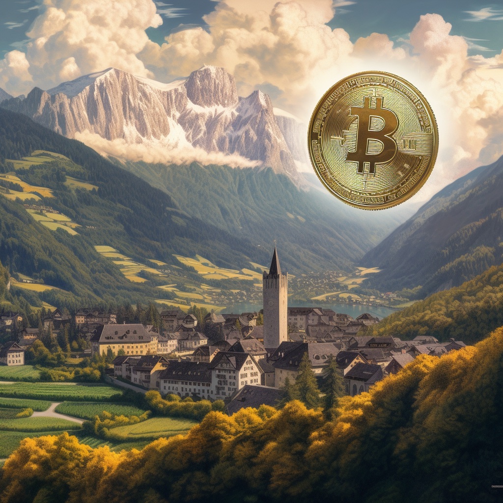 Liechtenstein's Alpine landscape and Vaduz Castle, in the forefront a Bitcoin coin