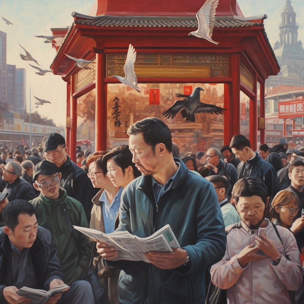People reading instructions on a big advertisement in Beijing city centre, crowds of people flocking to read it, cinematic, oil painting