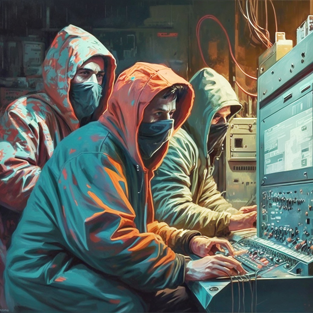 A realistic and vibrant oil painting of Russian hackers breaking into a mainframe computer SolarWinds cyberattack