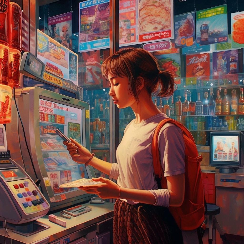 a digital modern future in tokyo advanced payment systems, cinematic, oil painting