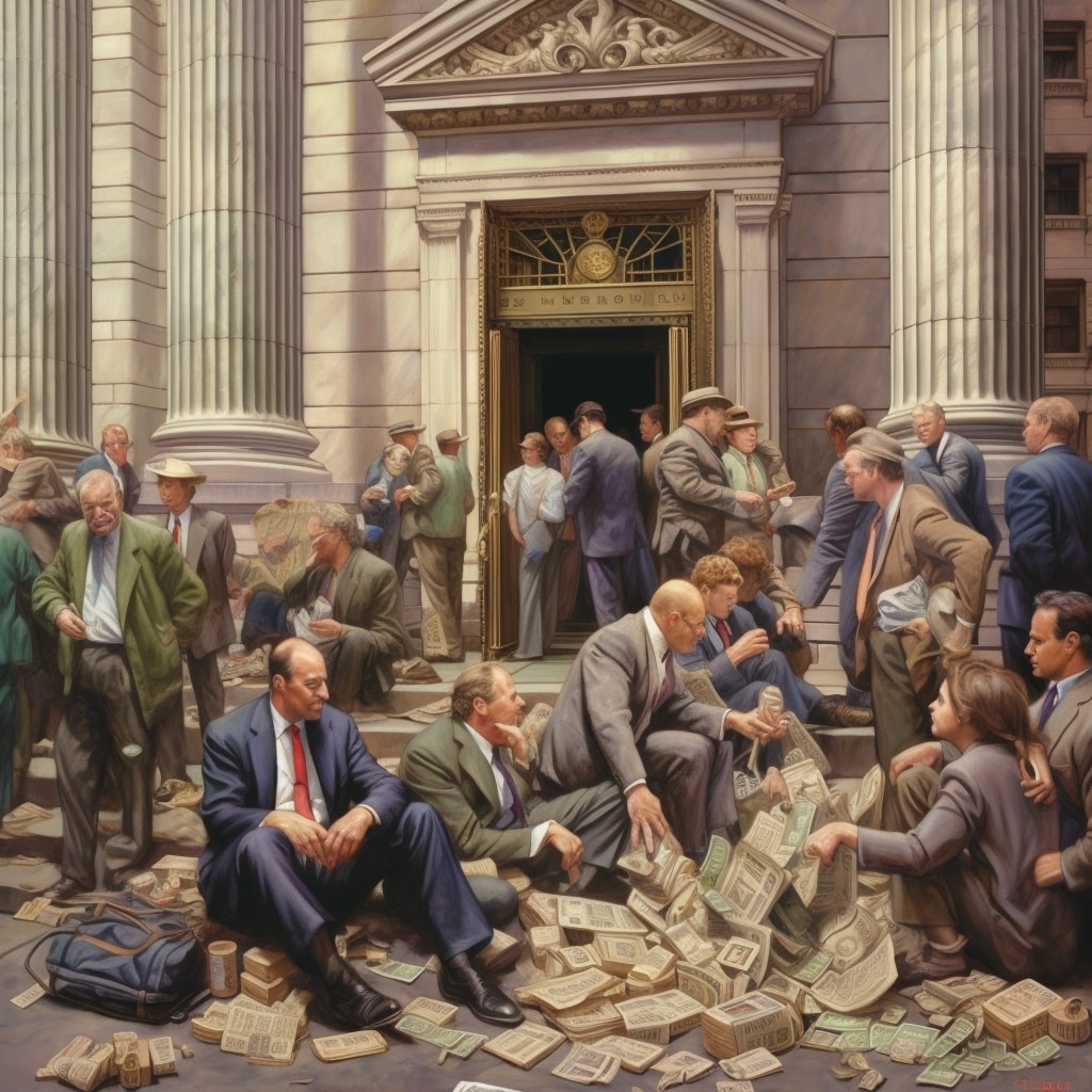 Front doors to a gigantic wall street institution blocked with business people all sitting on bags of money outside unable to do anything, cinematic