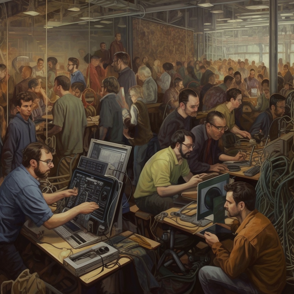 Oil painting, large crowd of programmers