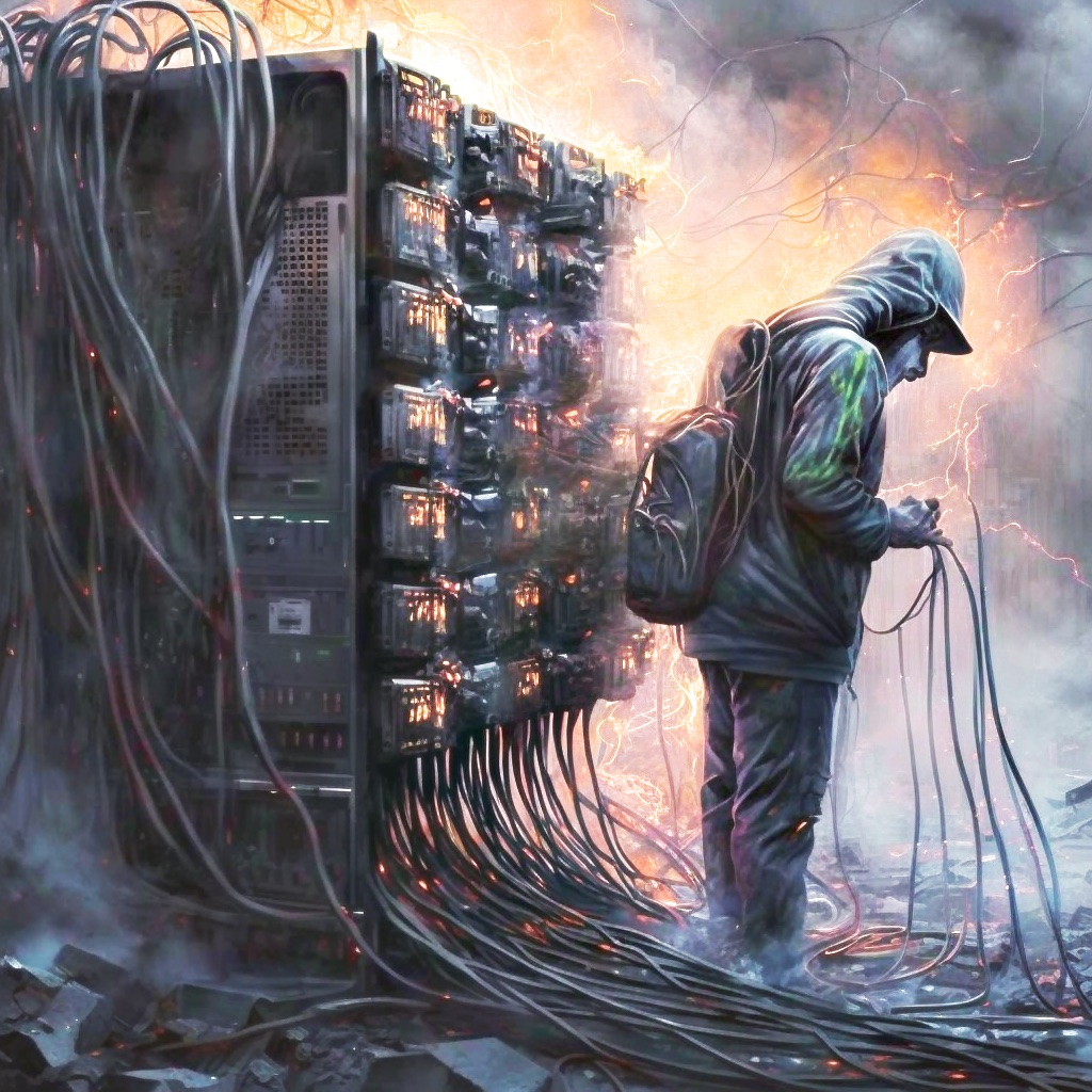 Oil painting with hundreds computer racks coal fire and black smoke