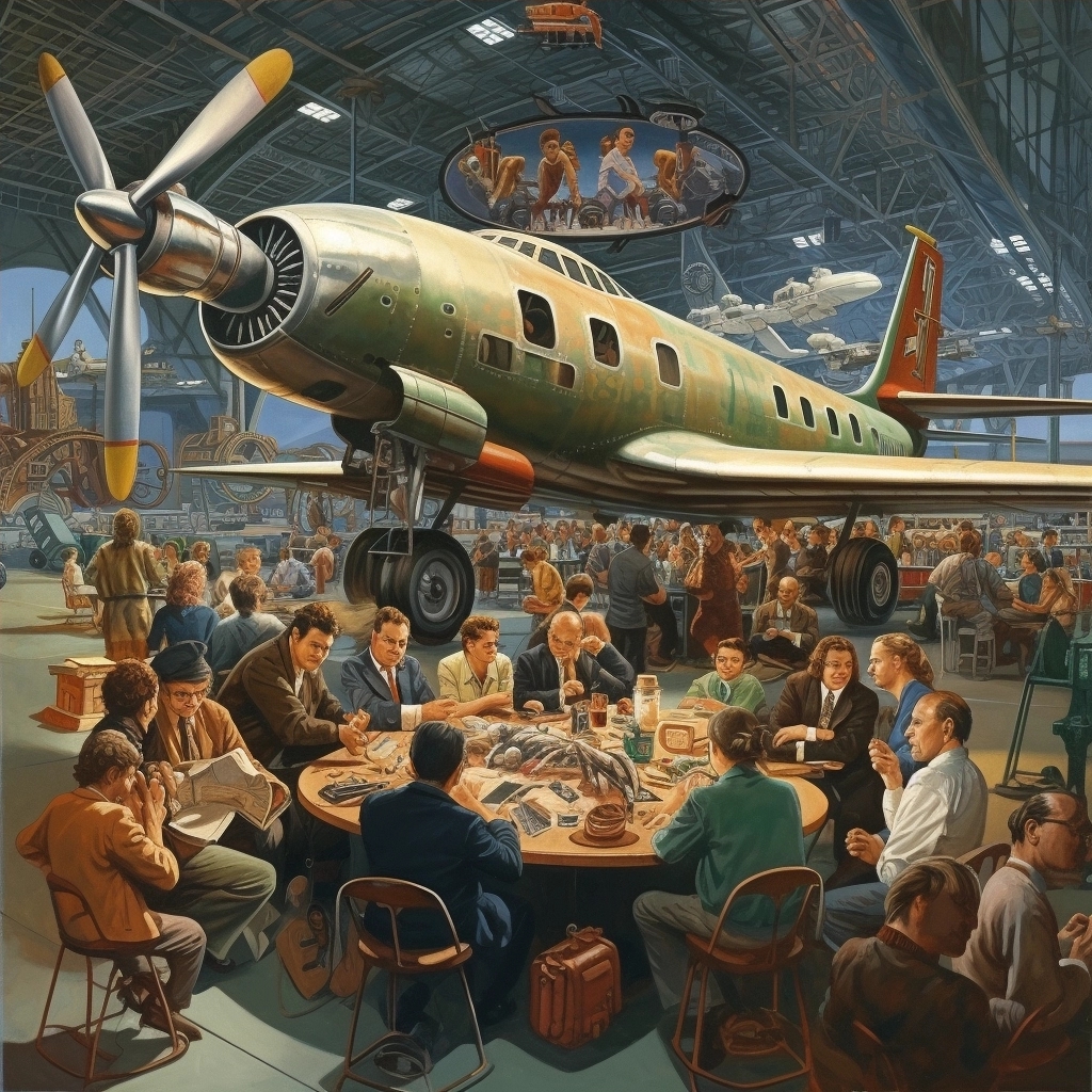 sophisticated engineers busy constructing a huge aircraft with machinery in the background and in the foreground people are playing poker and cheering