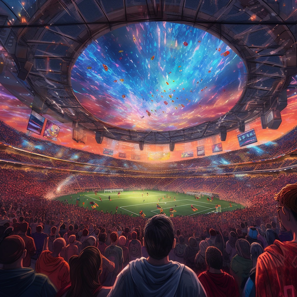 Future soccer game in a stadium with a metaverse ar vr experiences for customer fan loyalty tokens