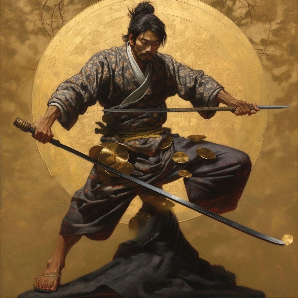 Samurai balancing a gold coin for stability of stablecoins, oil painting 2