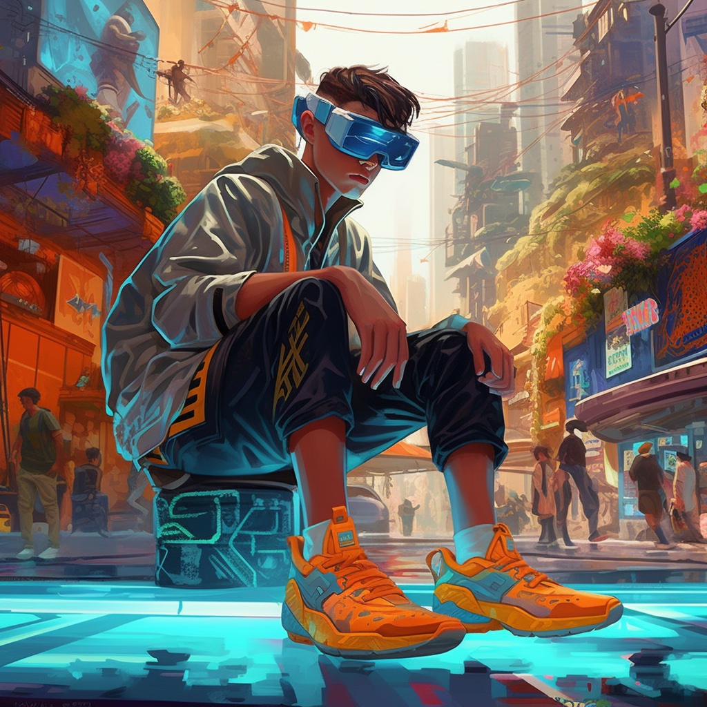Virtual reality gamer with nike like shoes