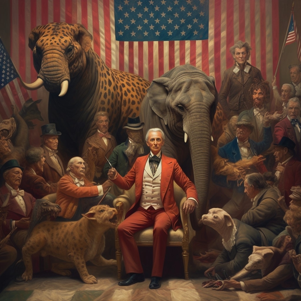 aristocrat wearing an american flag surrounded by big animals looking at him, cinematic, surreal, oil painting