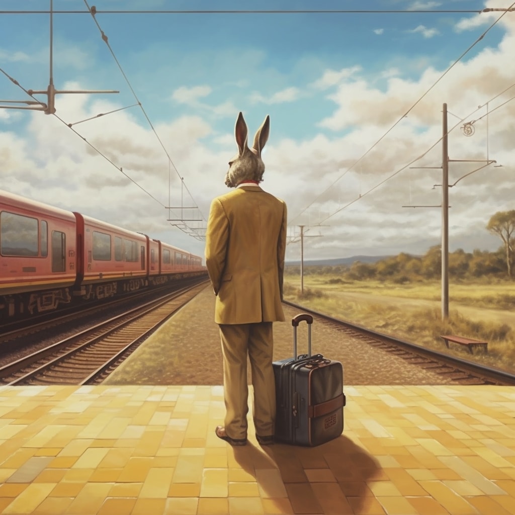 Kangaroo dressed as a businessman with a suitcase is waiting alone at an empty train station with no trains. There is one train far away in the distance