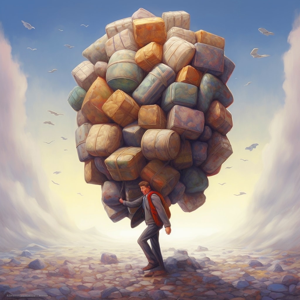 Person carrying huge pile of weight, cinematic, surreal, oil painting