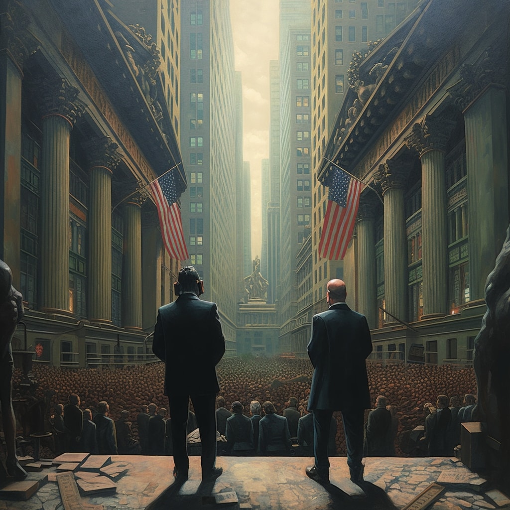 Secret deals on wall st as an oil painting, surreal, cinematic