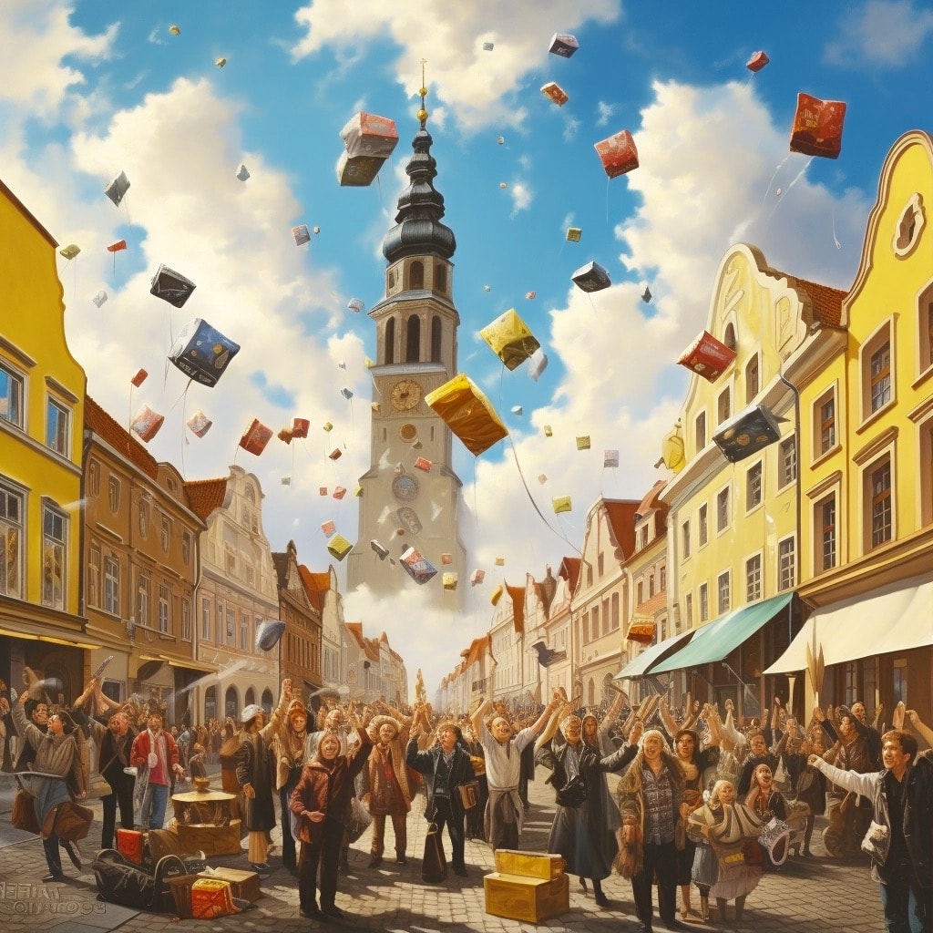 Slovakian town lowering taxes, gold coins and gift boxes parachuting from skies