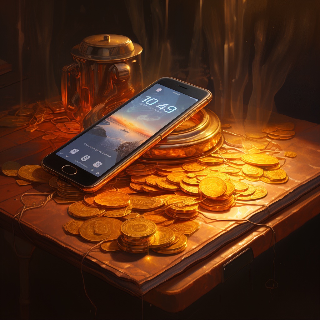 Smartphone on lock screen surrounded by gold coin assets on a table