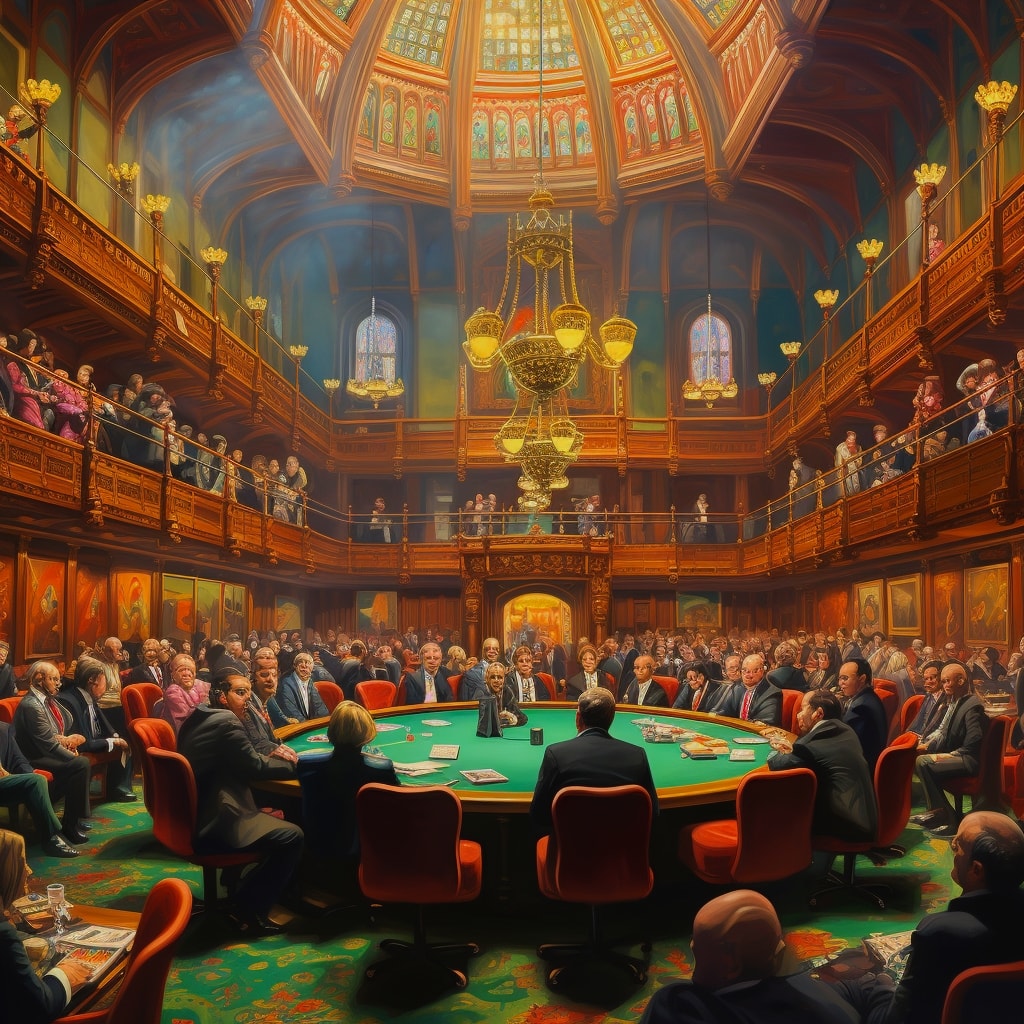 UK Government lower house meeting held inside of a vibrant casino