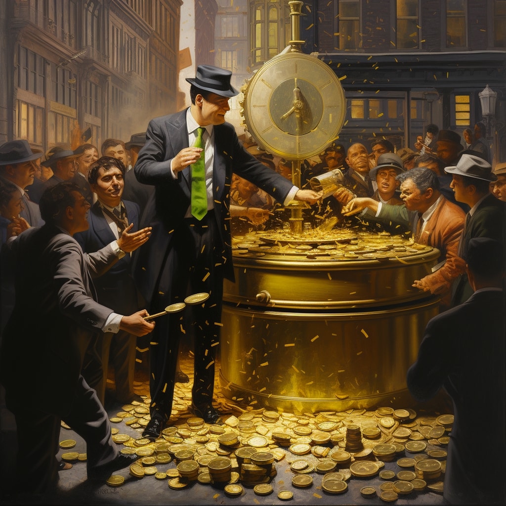 Vintage stock exchange ticker tape machine releasing a continuous stream of gold coins at Wall Street