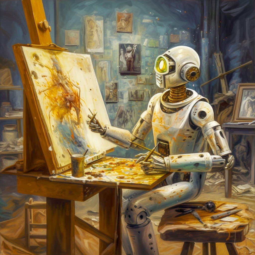 A robot peacefully and cheerfully painting artwork