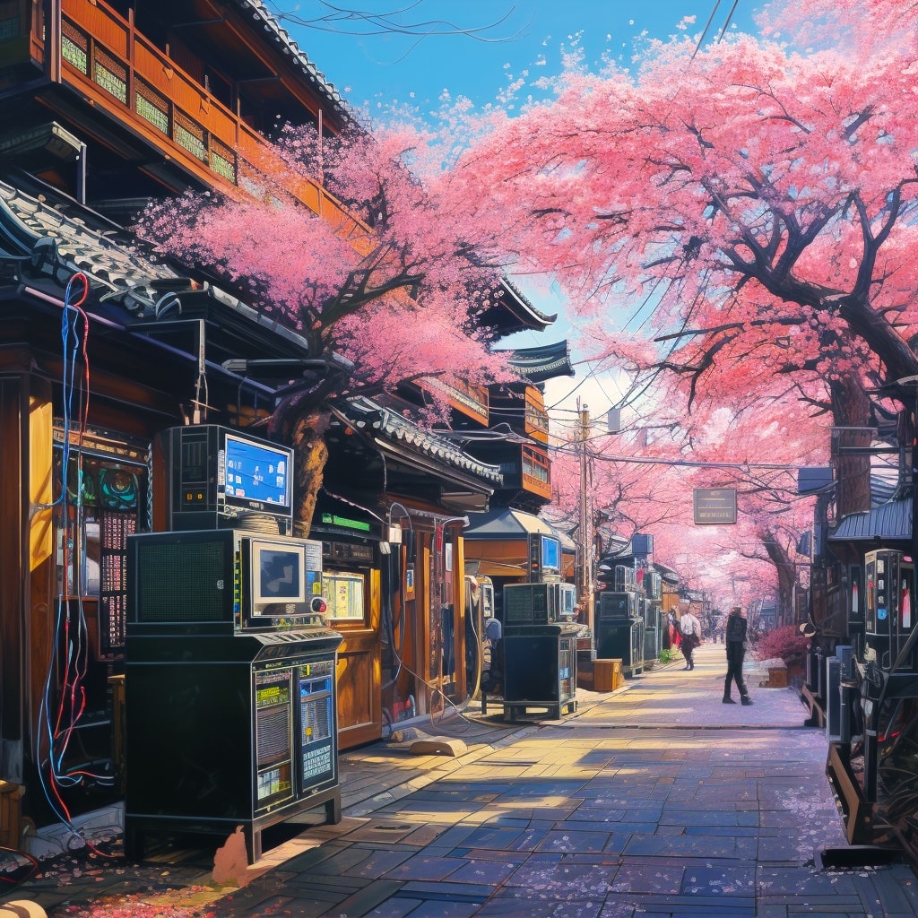 Network servers located on a traditional Japanese town square, with cherry blossoms on the street