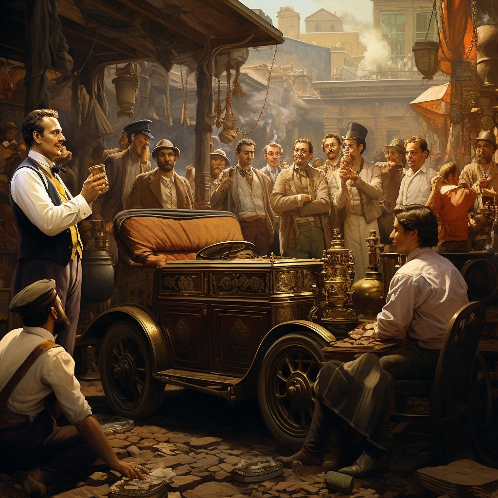 Salesman trying to sell an innovative Early Automobile Era and gold coins in a busy market