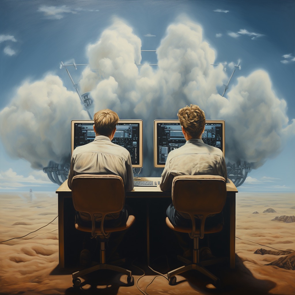 Two men working on computer code in the changing the world, with a big mechanical machine