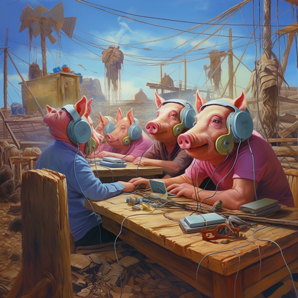 Pigs as cyber scam operators as a surreal, cinematic, oil painting 2