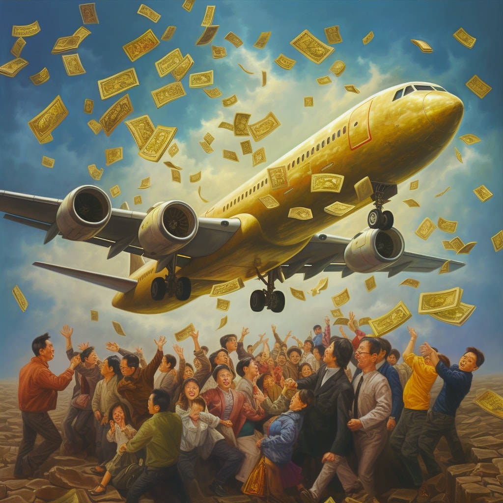 Chinese airways passenger plane taking off, people with gold coins