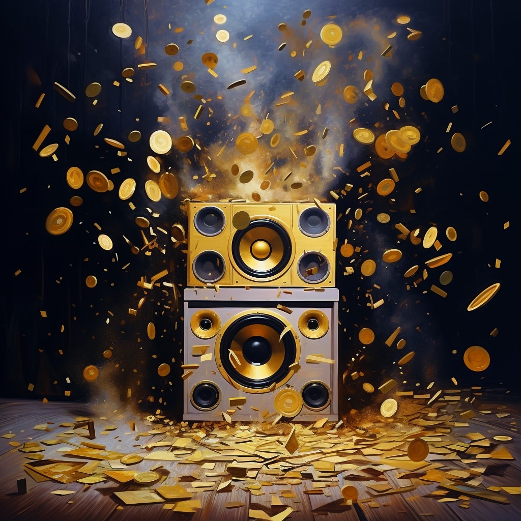 Audio hifi speaker with gold coins exploding out of the hifi speaker in all directions