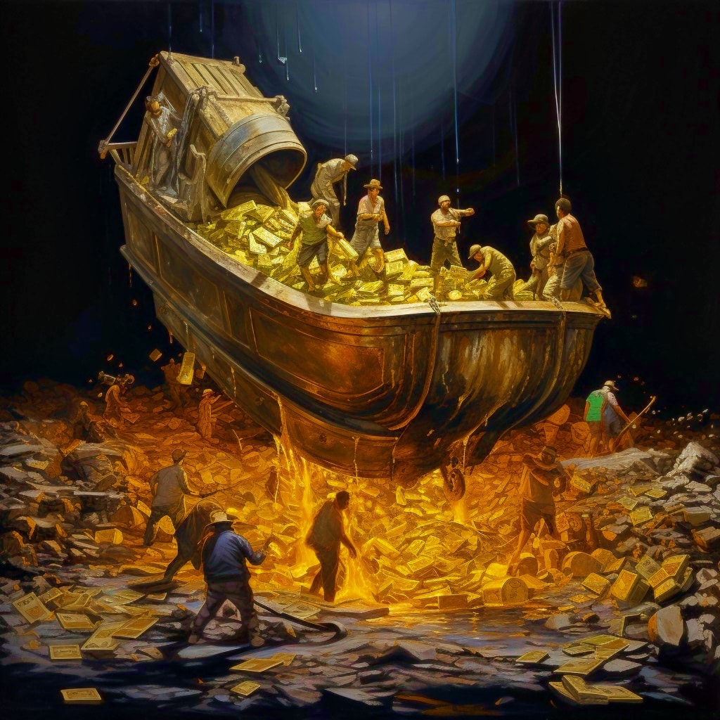 Buckets of money being shovelled out as a surreal, cinematic, oil painting
