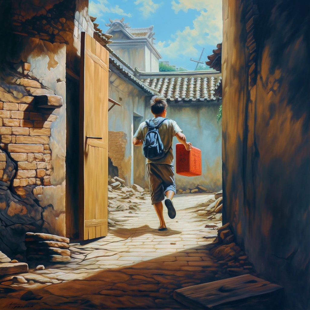 Depict a person sneaking a big bag of goods behind a walled gate in a chinese village and running away