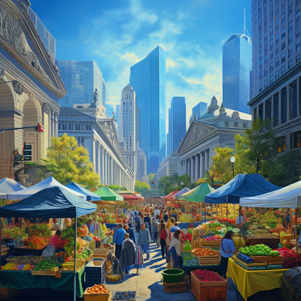 Huge popular thriving market stalls in front of a grand new york bank building