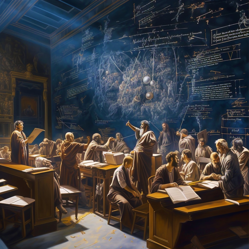 Library full of greek philosophers doing a lecture on finance, gold and truth diagrams scribed on the chalkboard