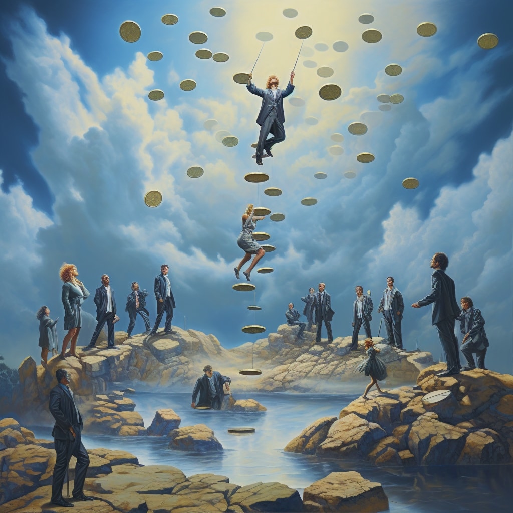 Lots of carefully balancing silver coins in mid air by themselves, with spectators watching, as a surreal, cinematic, oil painting