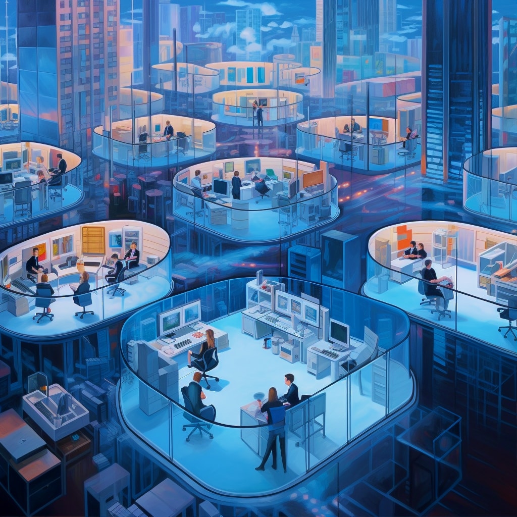 Long distance autonomous organizations, isometric view of a large office