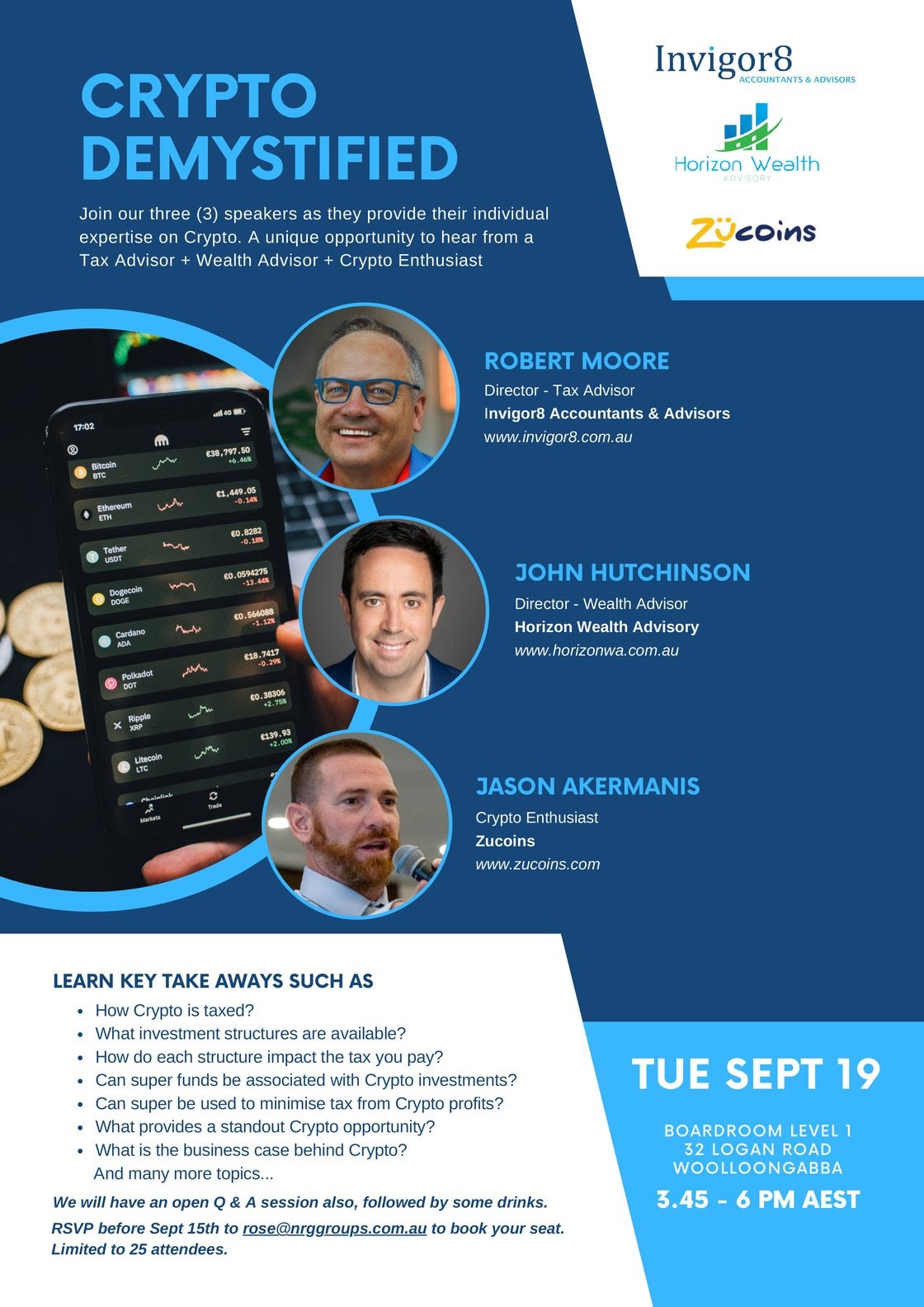Zucoins - Crypto Demystified - Seminar event flyer brochure - 19 sep 2023 2
