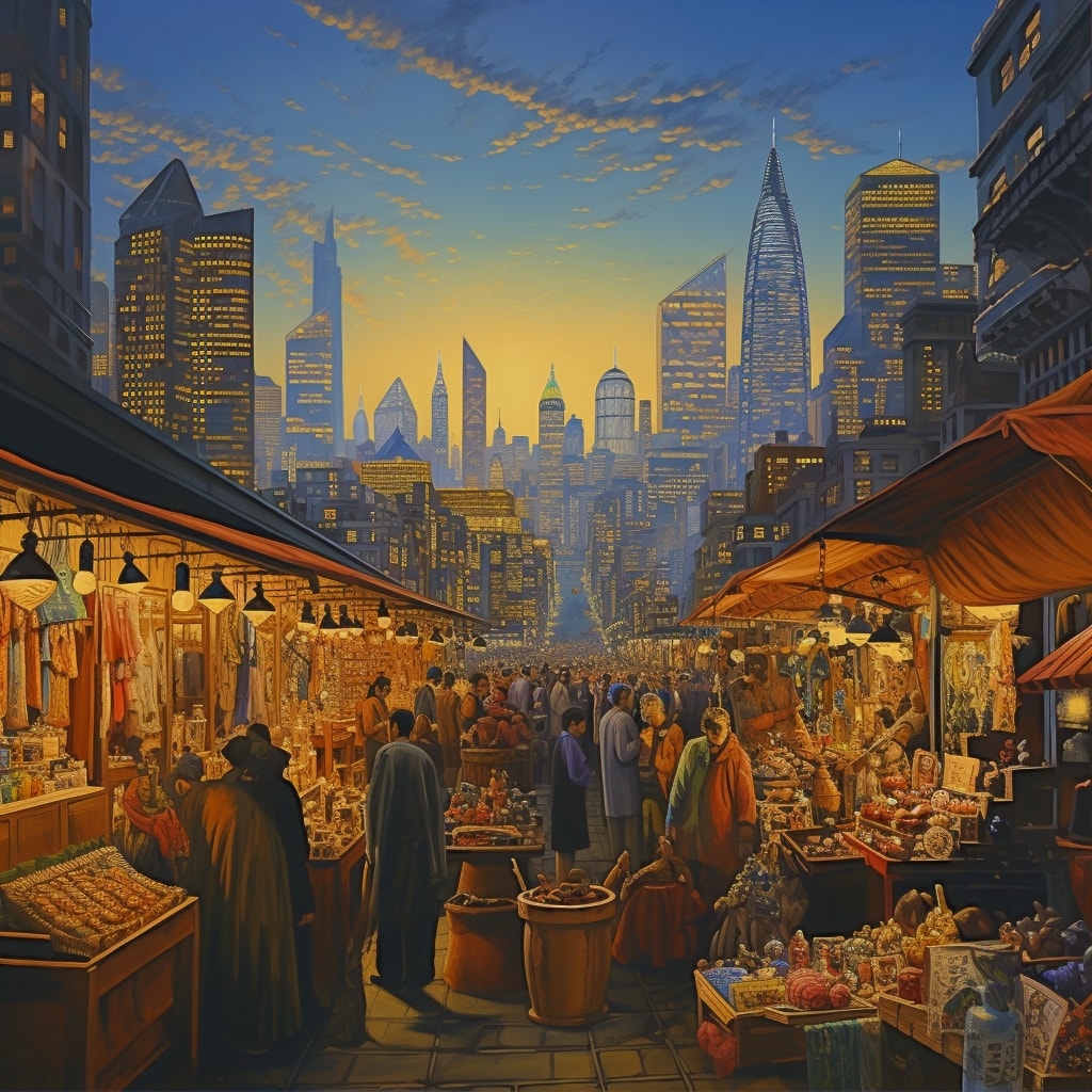 Collectibles market stalls trading in foreground, with a financial district in the background