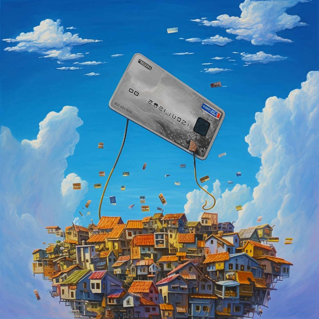 Credit card floating in the sky over a small business town, as a surreal, oil painting