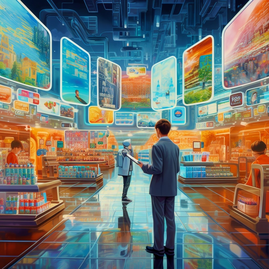 Depiction of futuristic digital identification system in a supermarket and shops