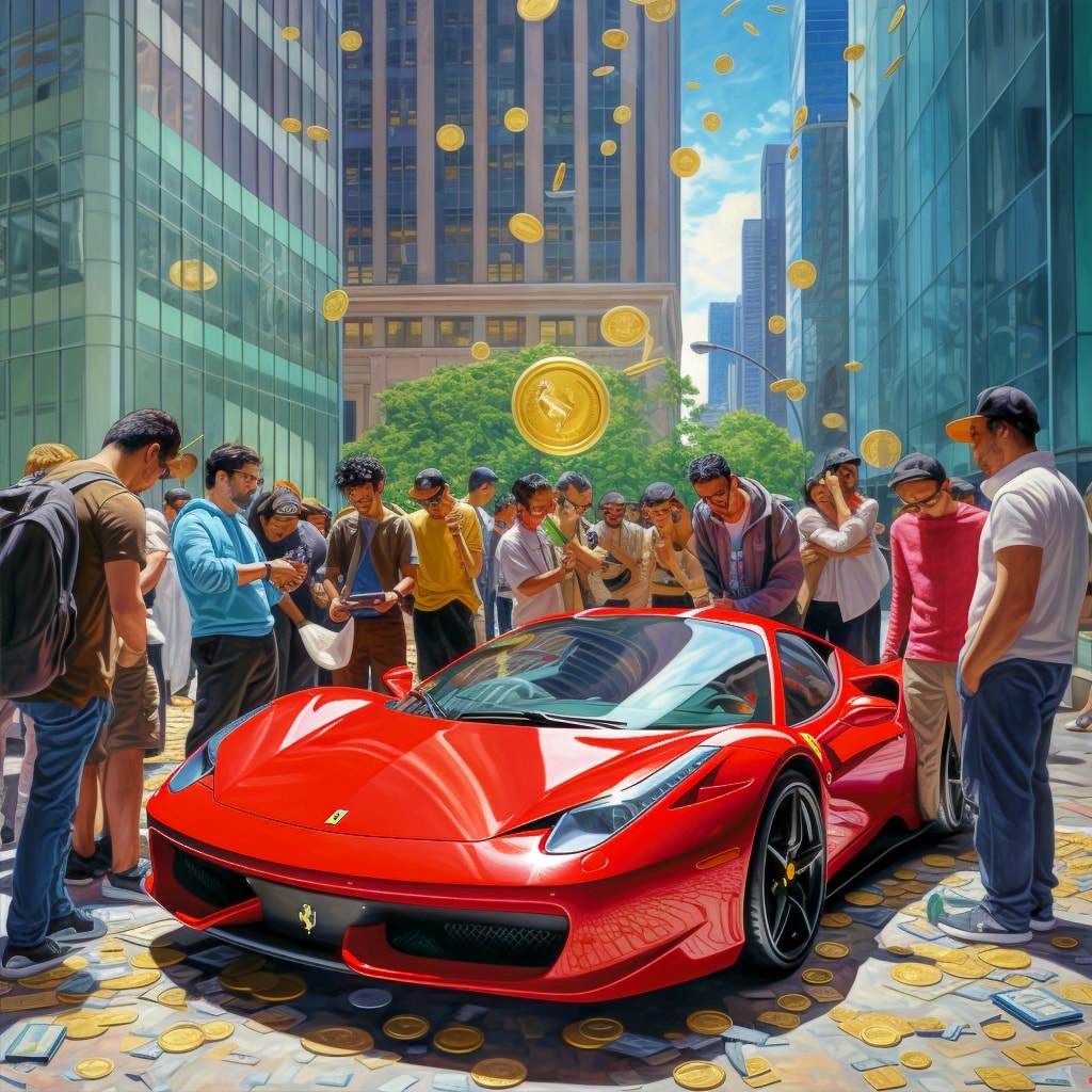 Many people buying a red ferrari supercar using smartphones, circular tokens over car and ground, wall st bank in background