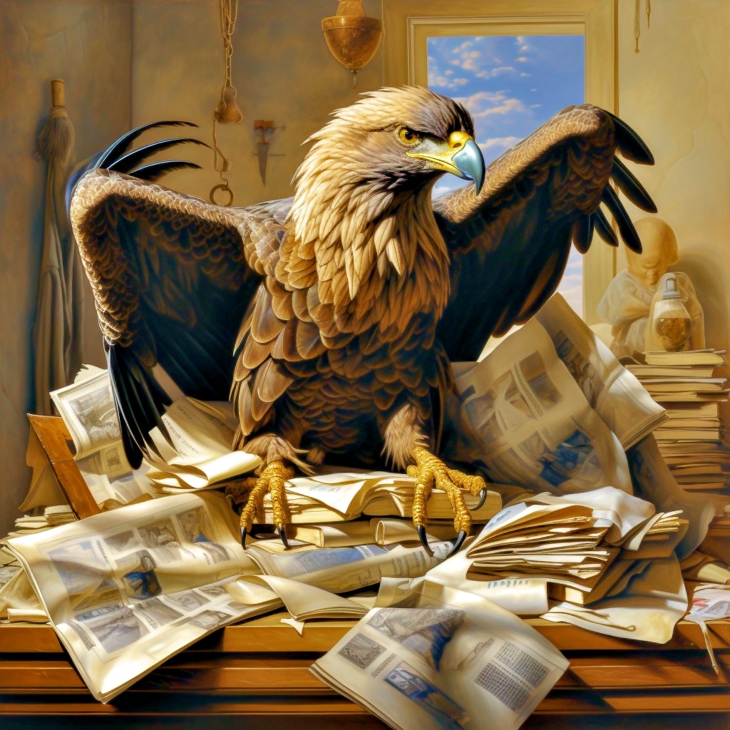 An eagle clutching a magazine in its talons feet